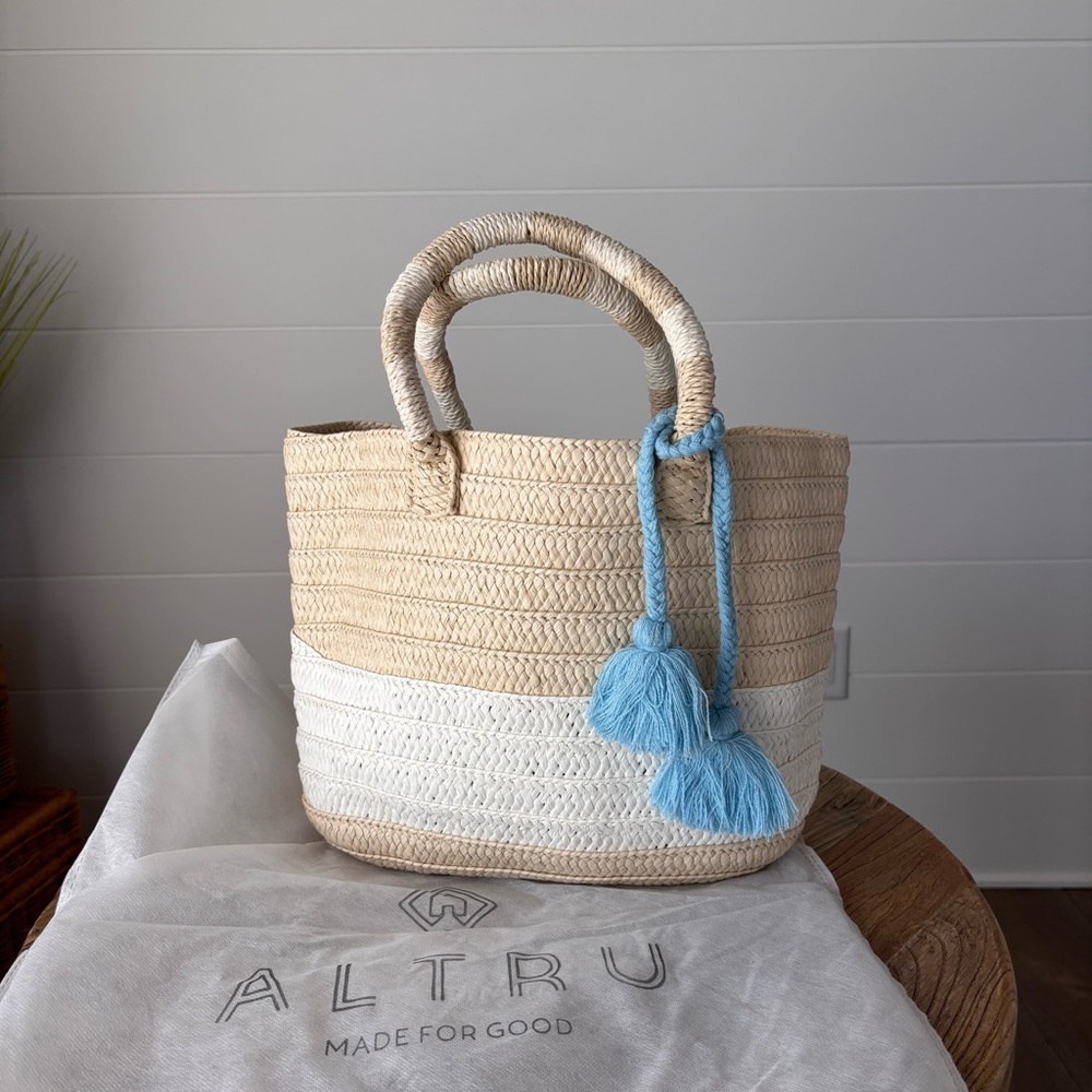 Altru Beige & White Straw Tote with Blue Tassels Beach Vacation Bag